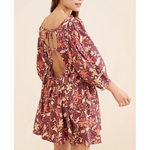 Free People Lola Floral Mini Dress Printed Balloon Sleeve Cutout Cotton S 286397 - Picture 4 of 9